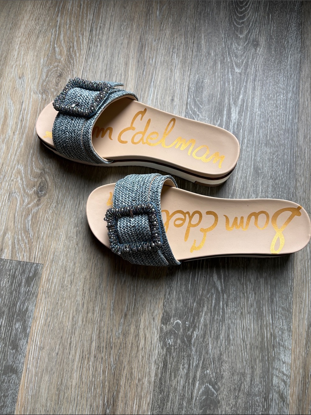 Sam Edelman Gray Beaded Buckle Slide Sandals